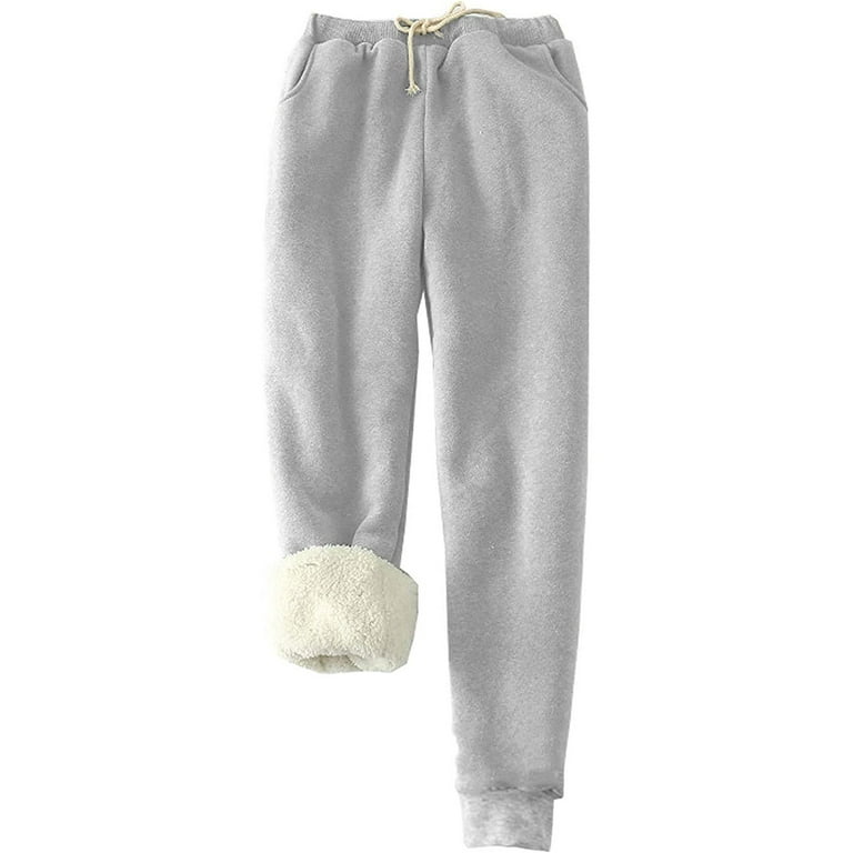 Sherpa Lined Sweatpants Women Elastic Waist Drawstring Solid Cinched Bottom  Thick Plush Warm Winter Jogger Pants (Large, Gray) 