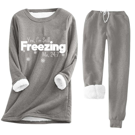 Sherpa Lined Sweatsuits for Women Set 2 Piece Lounge Sets Yes I'm Still Freezing Me 24 7 Letter Print Fleece Tracksuit Warm Fleece Sweatsuit Sweatshirts and Sweatpants Set