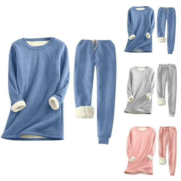 Sherpa Lined Warm Sweatshirt and Sweatpants 2 Piece Set Long Sleeve Crewneck Sweatshirts and Pants Loungewear Set