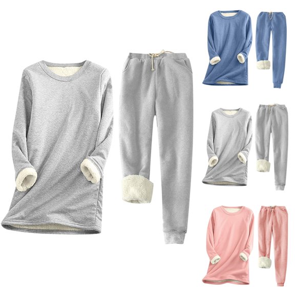 Sherpa Lined Warm Sweatshirt and Sweatpants 2 Piece Set Long Sleeve Crewneck Sweatshirts and Pants Loungewear Set