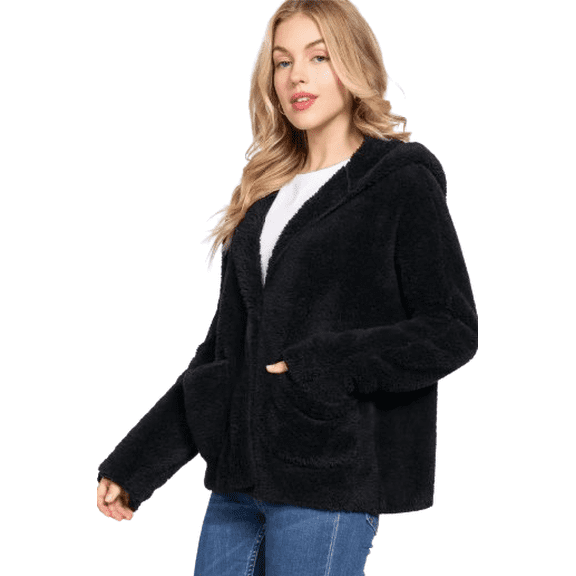 Sherpa, Long Dolman Sleeve, Open Front Hoodie Jacket (Women's), Black, Medium