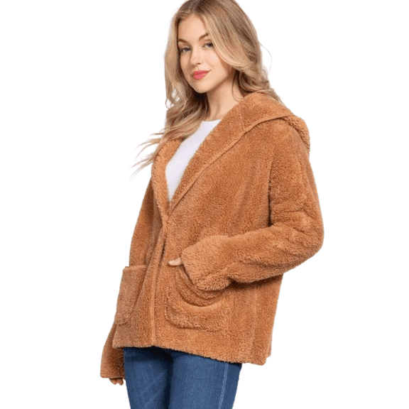 Sherpa, Long Dolman Sleeve, Open Front Hoodie Jacket (Women's), Khaki, Medium