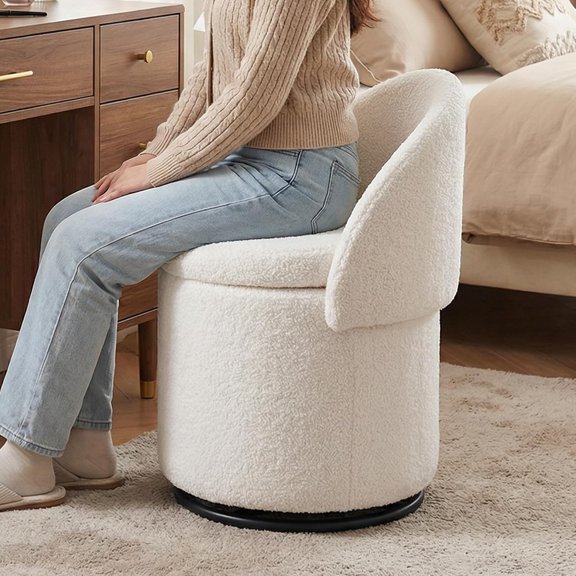 Sherpa Makeup Ottoman with Storage, Upholstered 360° Swivel Vanity Stool with Foldable Backrest Modern Cylindrical Footrest Stool for Living Room Bedroom, White
