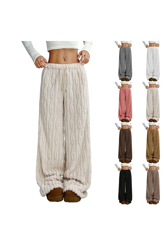 Sherpa Pajama Pants Women Cable Knit Fuzzy Pajama Pants Comfy Soft Wide Leg Lounge Pj Pant with Pockets Blanket Pant Khaki S
