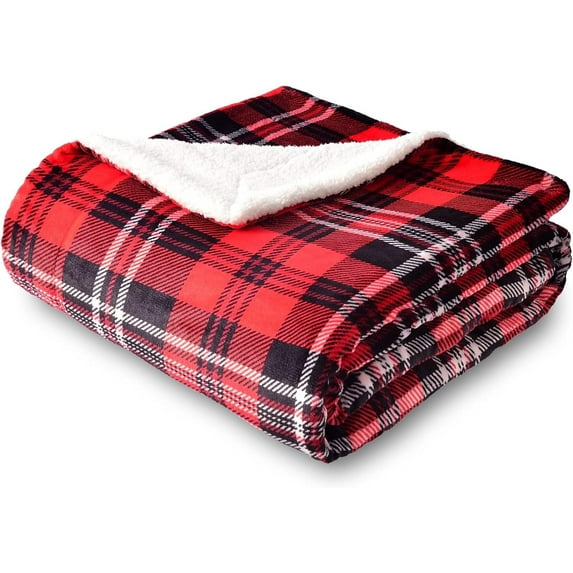 Sherpa Plaid Fleece Throw Blanket, Double-Sided Super Soft Luxurious Bedding Blanket 60 x 80 inches, Red/Grey