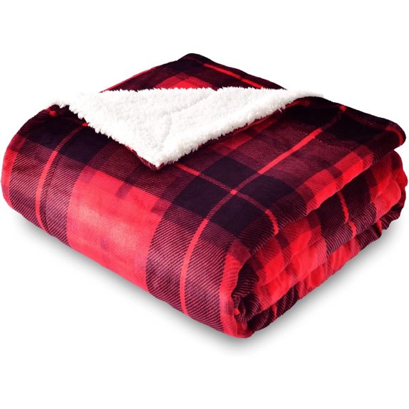 Sherpa Plaid Fleece Throw Blanket, Double-Sided Super Soft Luxurious Bedding Blanket 60 x 80 inches, Red
