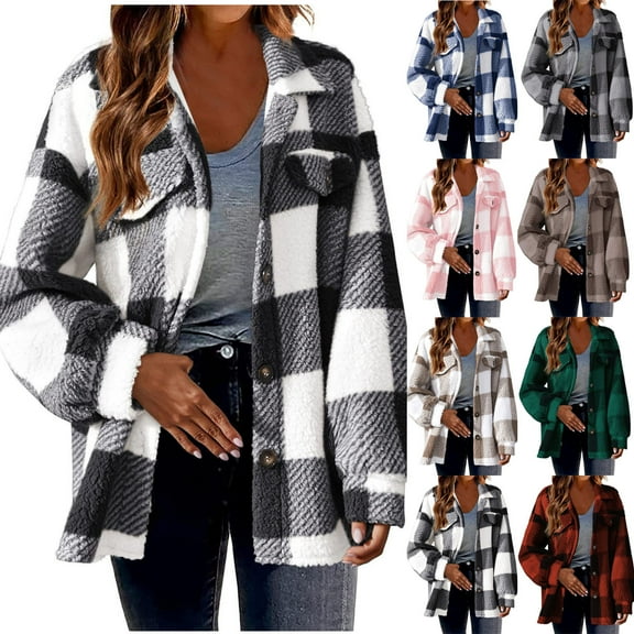 Sherpa Plaid Jackets for Women,Fleece Shackets for Women Long Sleeve Thick,Womens Sherpa Plaid Shackets Jackets ,Plaid Sherpa Jackets Women Plus Size Turndown Collar Button Down Plaid Coats Outwear