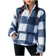 JSKUMAR Sherpa Plaid Pullover Sweater Womens with Pocket Long Sleeve 1/4 Zip Sweatshirt Stand Collar Fuzzy Winter Top (L, Blue)