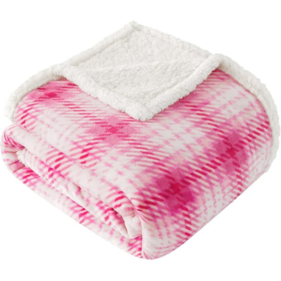 Sherpa Plaid Throw Blanket, 60" X 70" Fuzzy Fluffy Cozy Soft Blanket, Fleece Flannel Plush Twin Size Microfiber Blanket for Couch Bed Sofa, White&Pink