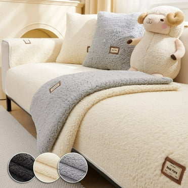 Sherpa Plush Anti-Slip Sofa Cover Decor Soft Sofa Towel Couch Cushion 1/2/3/4 Seater for Living Room Modern Furniture Protector (White,90x90cm)