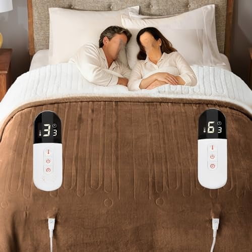 Sherpa Plush Dual Control Electric Blanket Queen Size, Heating Blankets | Washable | Automatic Shut Off | Double Zone, 6 Heat Settings | 84" x 90" Mocha