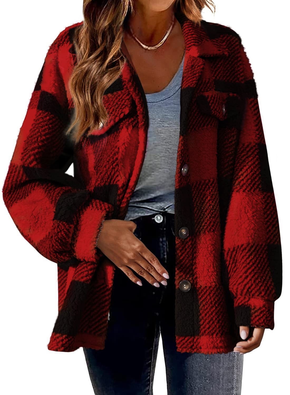 Sherpa Plush Fuzzy Fleece Lined Jacket Womens Plaid Flannel Shacket Jacket Lapel Button Fluffy Warm Winter Coat Walmart