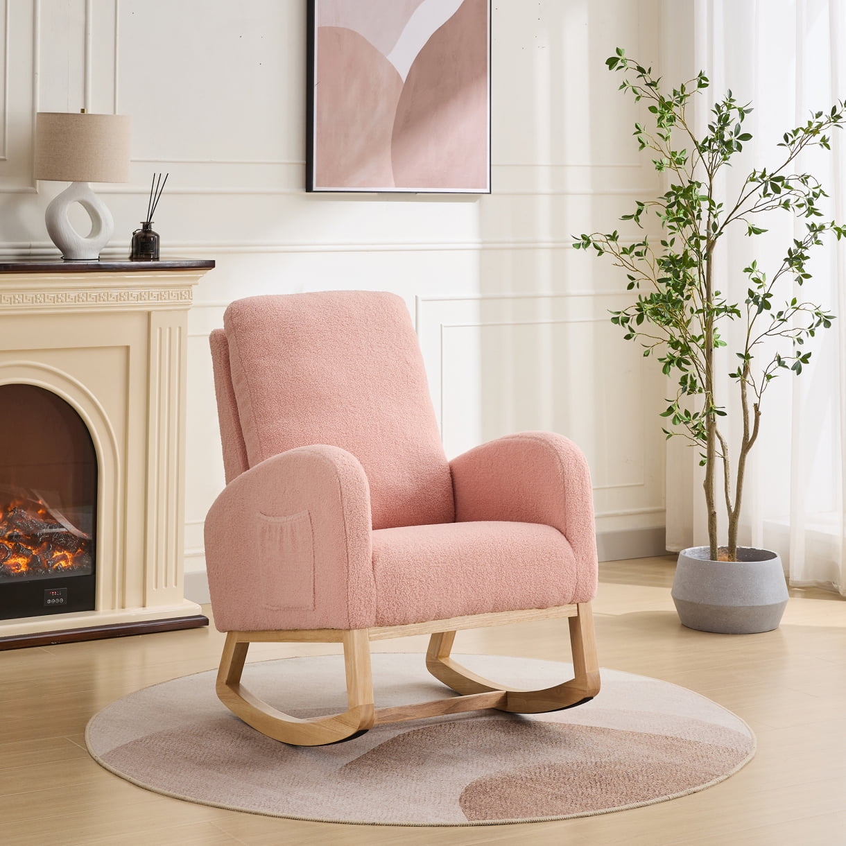 Sherpa Rocking Chair for Nursery with High Back and Side Pocket, 27.2 Inch Glider Accent Armchair with Rubber Wood Legs for Living Room or Bedroom, Pink