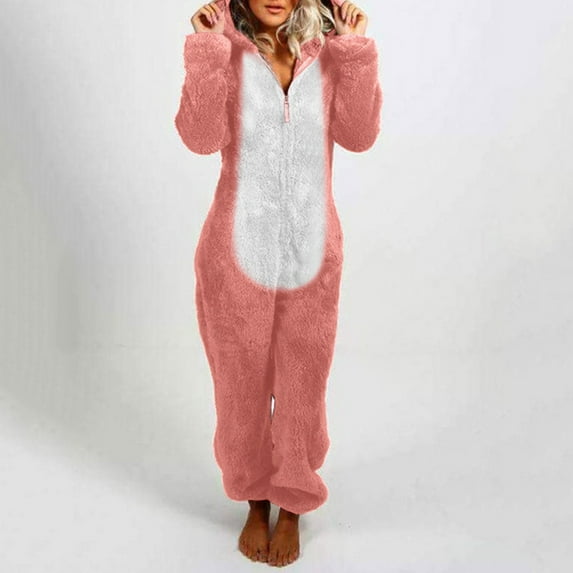 Sherpa Romper Fleece Onesie Pajama,Onesie for Women Sexy Furry Trim Deep V-Neck Fleece Hooded Pajamas Zipper Sleepwear One-Piece Winter Jumpsuit Romper