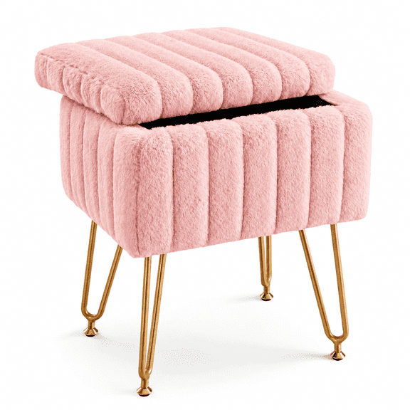 Sherpa Storage Ottoman Footstool with Gold Metal Legs, Fluffy Faux Fur Vanity Stool Chair, Small Soft Padded Makeup Seat for Living Room, Bedroom, Dressing Room