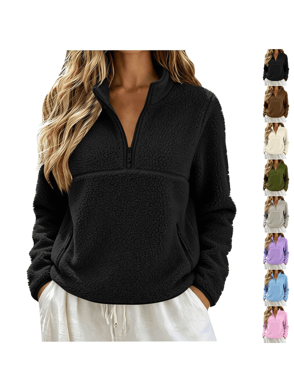 Sherpa Sweatshirts Womens Quarter Zip Fleece Pullover Warm Jacket Half Mockneck Sweatshirt Long Sleeve Layering Tops Fuzzy Teddy Outdoor Hiking Fall Winter Outwear Black L