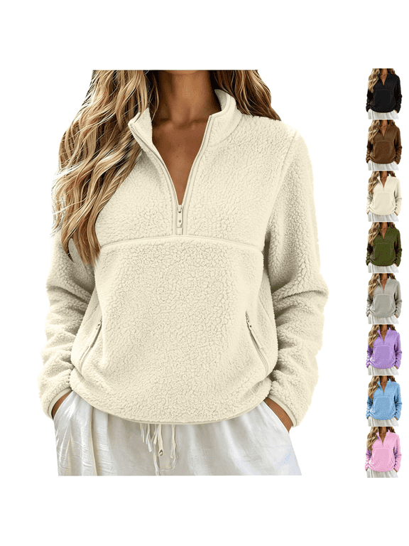 Sherpa Sweatshirts Womens Quarter Zip Fleece Pullover Warm Jacket Half Mockneck Sweatshirt Long Sleeve Layering Tops Fuzzy Teddy Outdoor Hiking Fall Winter Outwear Beige S