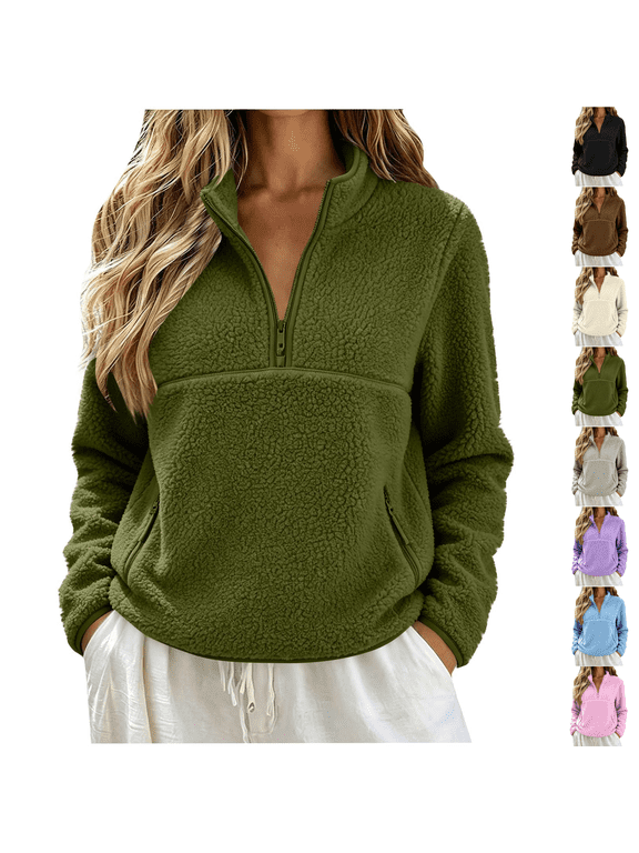 Sherpa Sweatshirts Womens Quarter Zip Fleece Pullover Warm Jacket Half Mockneck Sweatshirt Long Sleeve Layering Tops Fuzzy Teddy Outdoor Hiking Fall Winter Outwear Army Green S