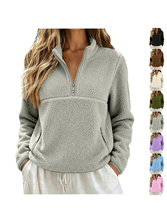 Sherpa Sweatshirts Womens Quarter Zip Fleece Pullover Warm Jacket Half Mockneck Sweatshirt Long Sleeve Layering Tops Fuzzy Teddy Outdoor Hiking Fall Winter Outwear Gray S