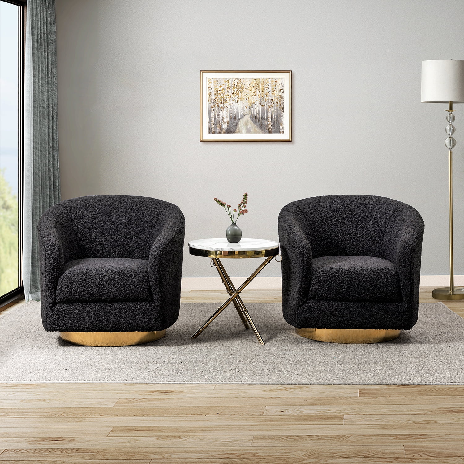 Sherpa Swivel Barrel Chairs Upholstered Set of 2 Accent Armchairs Metal