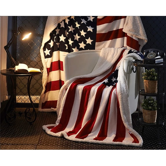 Sherpa Throw 50'' x 60'' American Flag Fleece Blanket Super Soft Reversible Ultra Plush Blanket for Kids, Toddler, Infant