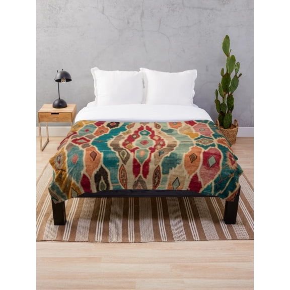 Sherpa Throw Blanket, Colorful Boho Ikat Geometric Pattern, Soft 2-Layer Polyester Fleece Blanket, Cozy Bed Sofa Blanket, 30x40 to 60x80 in