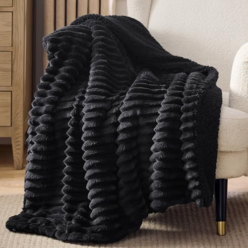 Sherpa Throw Blanket for Couch - Super Soft, Cozy Fleece Thick Warm Blanket for Winter, GentleSoft Plush & Fluffy Throw Gift for Women, Room Decor, Black, 50x60 Inches