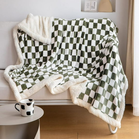 Sherpa Throw Blanket Fleece Blanket with Checkered Pattern Soft Thick Blanket for Couch, Bed, Sofa Luxurious Warm and Cozy for All Seasons (Dark Olive,60"x80")