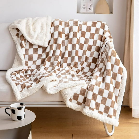 Sherpa Throw Blanket Fleece Blanket with Checkered Pattern Soft Thick Blanket for Couch, Bed, Sofa Luxurious Warm and Cozy for All Seasons (Khaki, 50"x60")