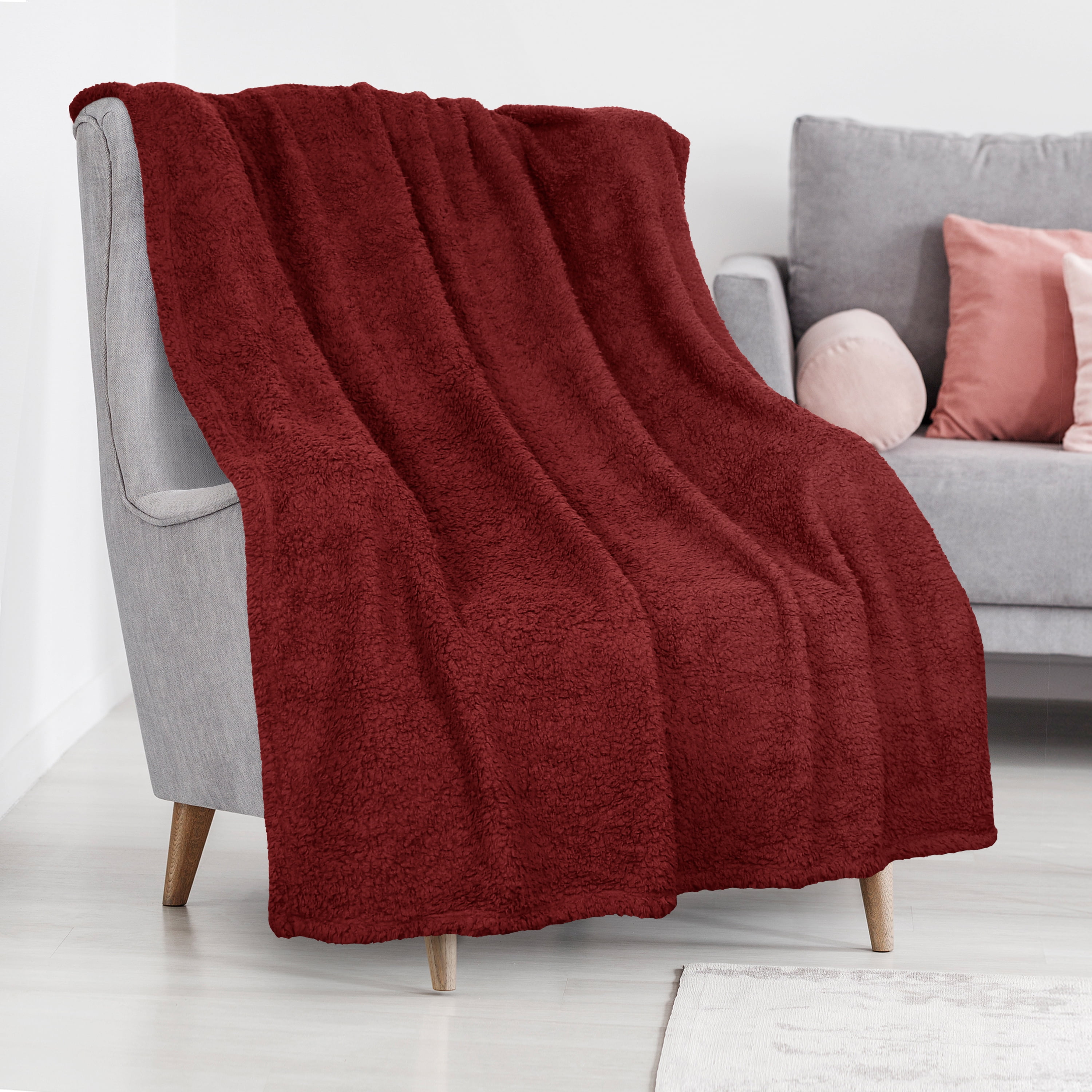 Deep Red Plush Knit Reversible Throw Blanket