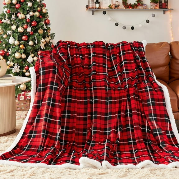 Sherpa Throw Blanket Plaid Checkered Warm Blanket for Couch, Bed, Sofa Reversible Fluffy Flannel Fleece Blanket and Throw for Adults, Women, Men, Ideal for Christmas (Dark Red, 50”x 60”)