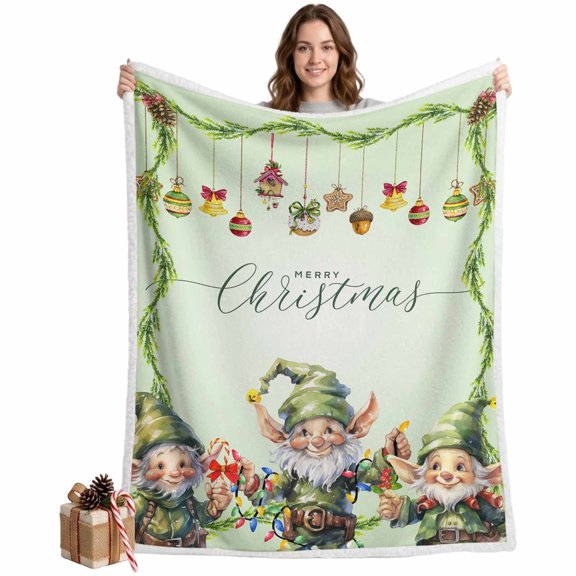 Sherpa Throw Blanket,Soft Fleece Blankets Winter Green Elf Warm Cozy Bed Blanket Plush Fuzzy Throws for Couch Sofa Travel Camping,40x50in Christmas Bell Star Pinecone Ball Ornament