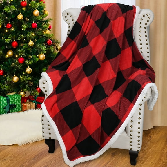 Catalonia Red Black Plaid Sherpa Blanket, Buffalo Sherpa Throw Blanket, Reversible Super Soft Warm Comfy Fuzzy Snuggle Holiday Throws for Couch Sofa Cabin Decro