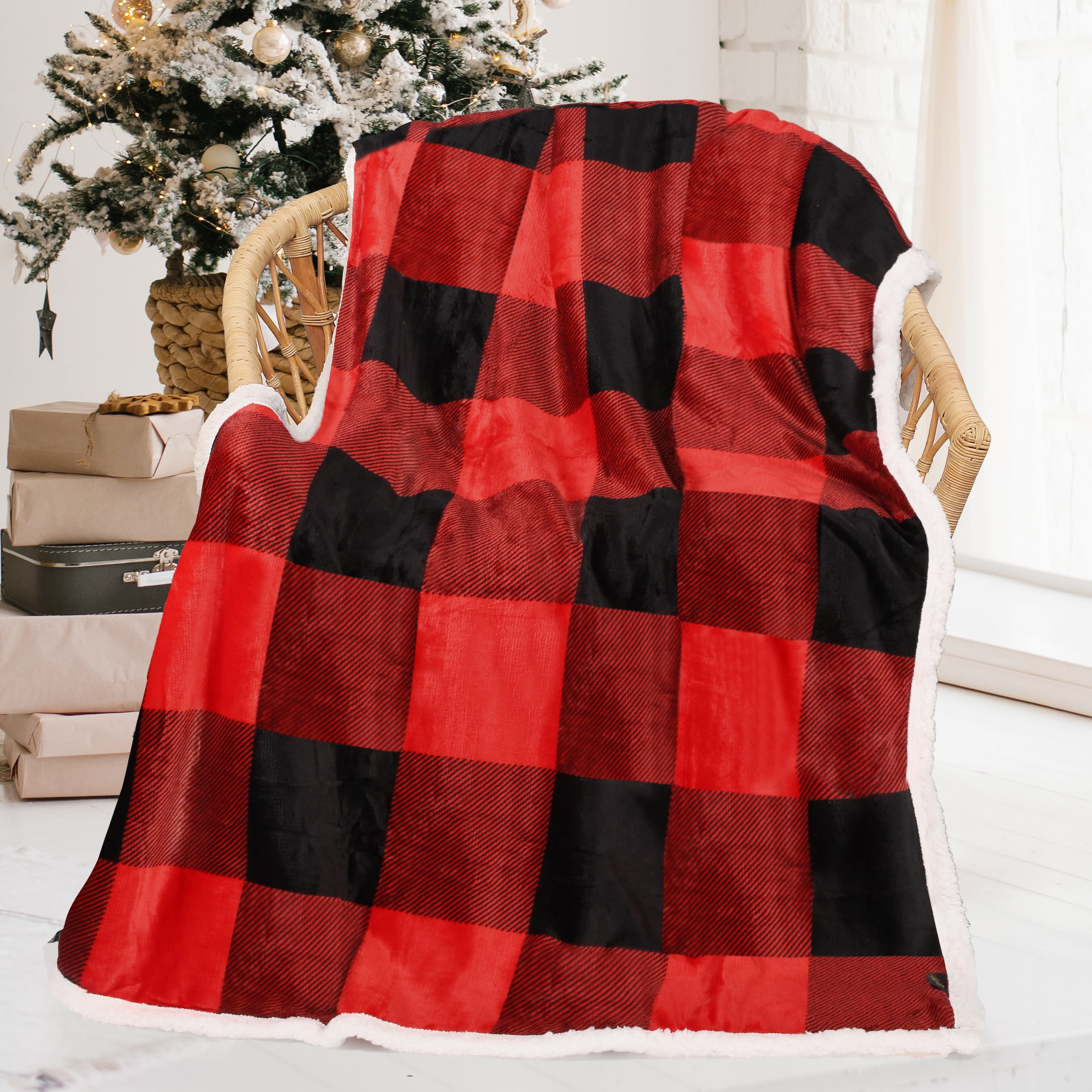 Red and Black Plaid Sherpa Reversible Fleece Throw Blanket
