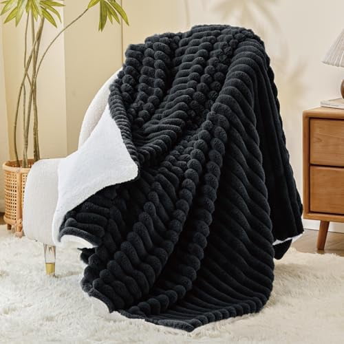 Sherpa Throw Blanket for Couch - Super Soft & Warm Striped Fleece Blanket, Cozy Plush Fluffy Blanket All Season Use (Black, 50x60 Inches)