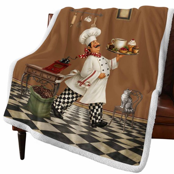 Sherpa Throw Blankets Brown Desert Chef Flannel Fleece Blanket Funny Kitchen Cat Gourmet Coffee Soft Cozy Warm Fluffy Plush Blankets and Throws for Couch Bed Sofa All Season 60x80 Inch