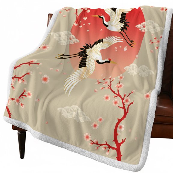 Sherpa Throw Blankets Cherry Blossom Crane Flannel Fleece Blanket Japanese Style Cloud Soft Cozy Warm Fluffy Plush Blankets and Throws for Couch Bed Sofa All Season 50x60 Inch