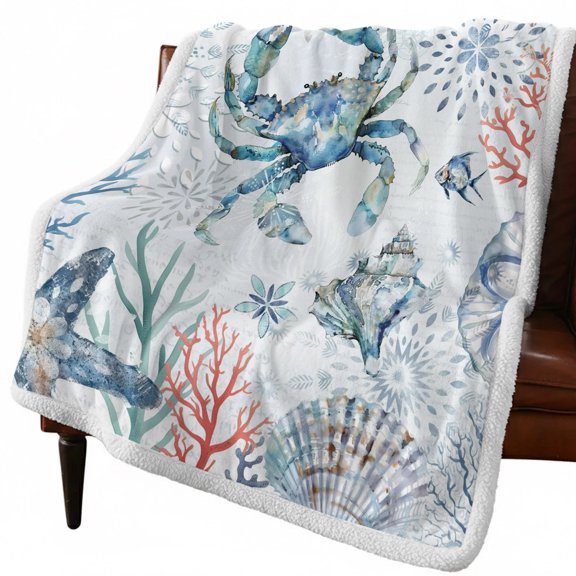 Sherpa Throw Blankets Crab Flannel Fleece Blanket Shell Coral Fish Marine Life Soft Cozy Warm Fluffy Plush Blankets and Throws for Couch Bed Sofa All Season 60x80 Inch