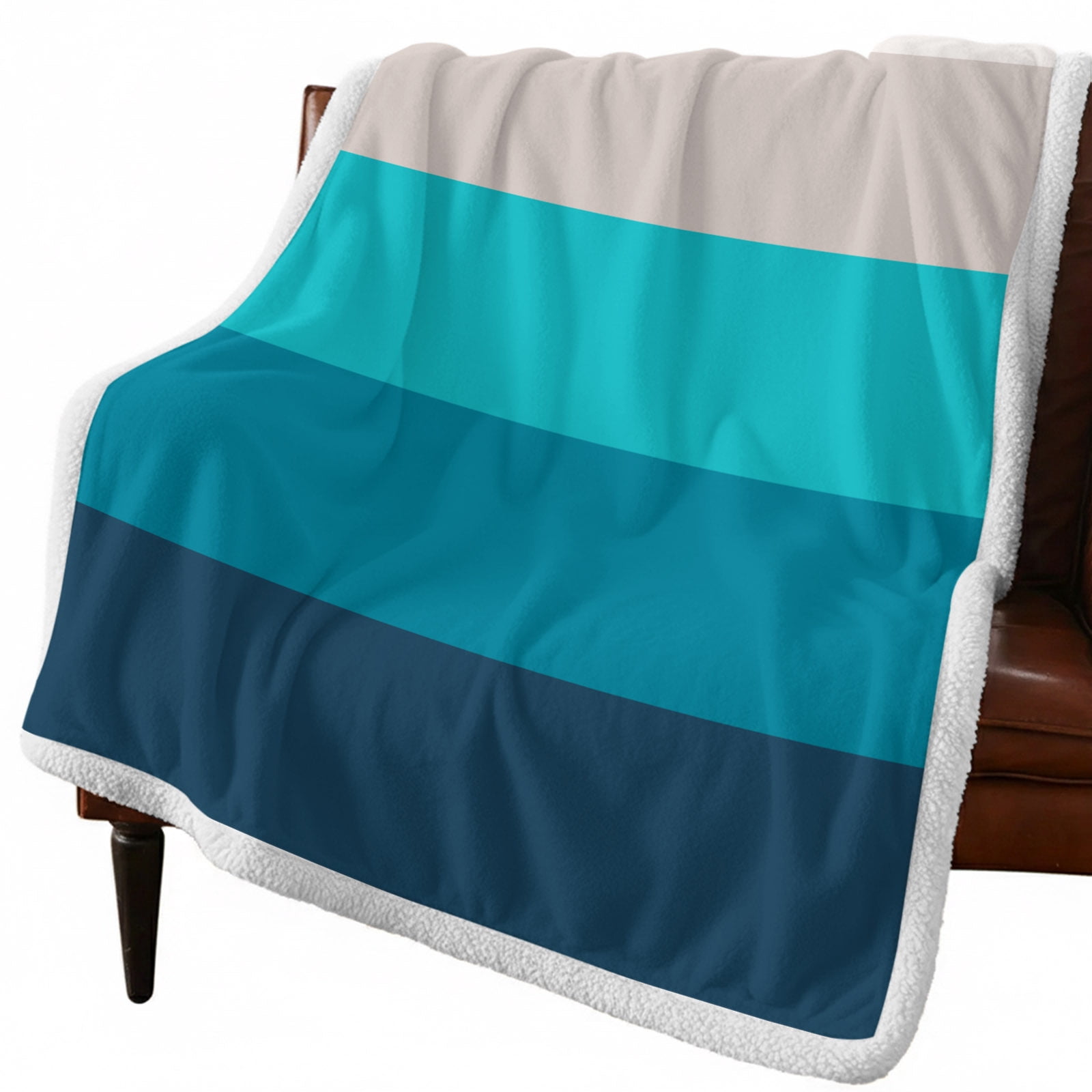 Sherpa Throw Blankets Ombre Teal Blue Stripes Flannel Fleece Blanket Gradient Color Soft Cozy Warm Fluffy Plush Blankets and Throws for Couch Bed Sofa All Season 50x60 Inch