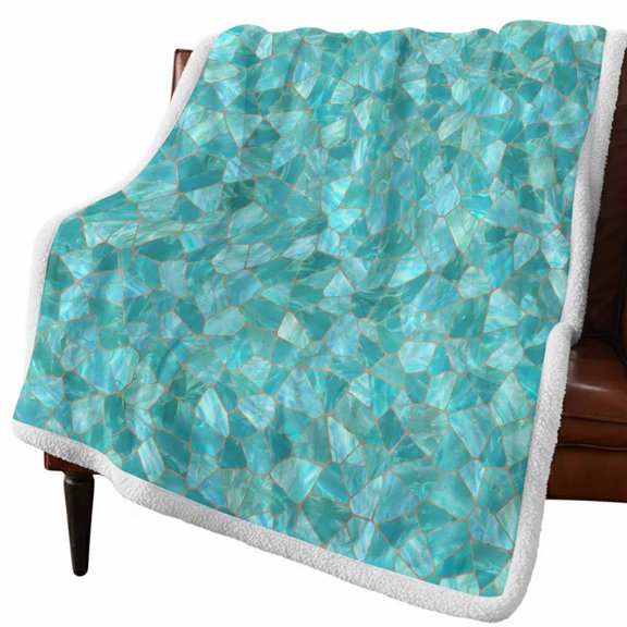 Sherpa Throw Blankets Turquoise Shattered Glass Pattern Flannel Fleece Blanket Coastal Shiny Tile Soft Cozy Warm Fluffy Plush Blankets and Throws for Couch Bed Sofa All Season 60x80 Inch