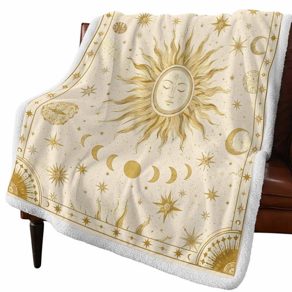 Sherpa Throw Blankets Yellow Bohemian Sun Face Flannel Fleece Blanket Mystical Astrological Symbols Soft Cozy Warm Fluffy Plush Blankets and Throws for Couch Bed Sofa All Season 60x80 Inch