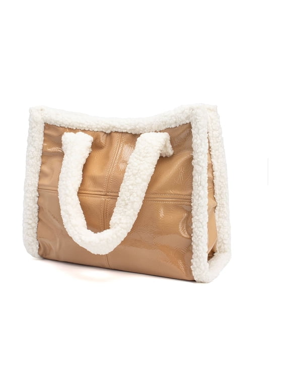 Sherpa Tote Bag for Women Large Faxu Fur Hobo Bag Shopper Purse Shearling Handbag with Top-handles
