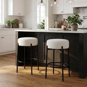 Sherpa Upholstered Bar Stools Set of 2, 24 Inch Counter Height Backless Chairs with Metal Legs and Footrest, Modern Round Stools for Kitchen Island Dining Room Caf, White