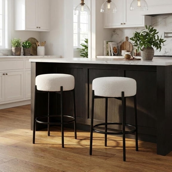 Sherpa Upholstered Bar Stools Set of 2, 24 Inch Counter Height Backless Chairs with Metal Legs and Footrest, Modern Round Stools for Kitchen Island Dining Room Caf, White