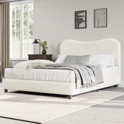 Sherpa Upholstered Bed Frame, Modern Floor Bed with Soft Padded Headboard, Cream Style Teddy Fabric Platform Bed, No Box Spring Needed,Wooden Salts Support