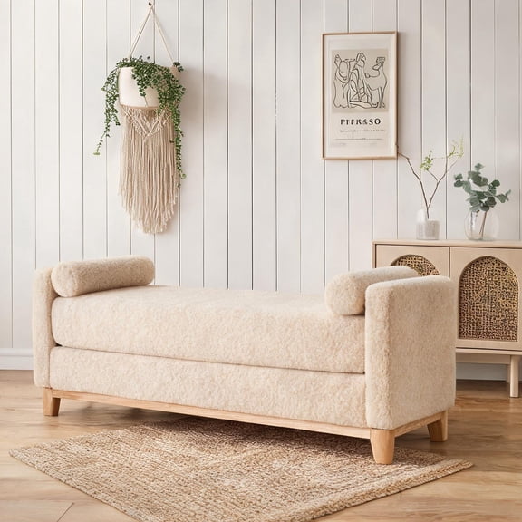 Sherpa Upholstered Bench with Bolster Pillows for Bedroom or Entryway, Neutral Beige, 66-Inch Rectangular Seat