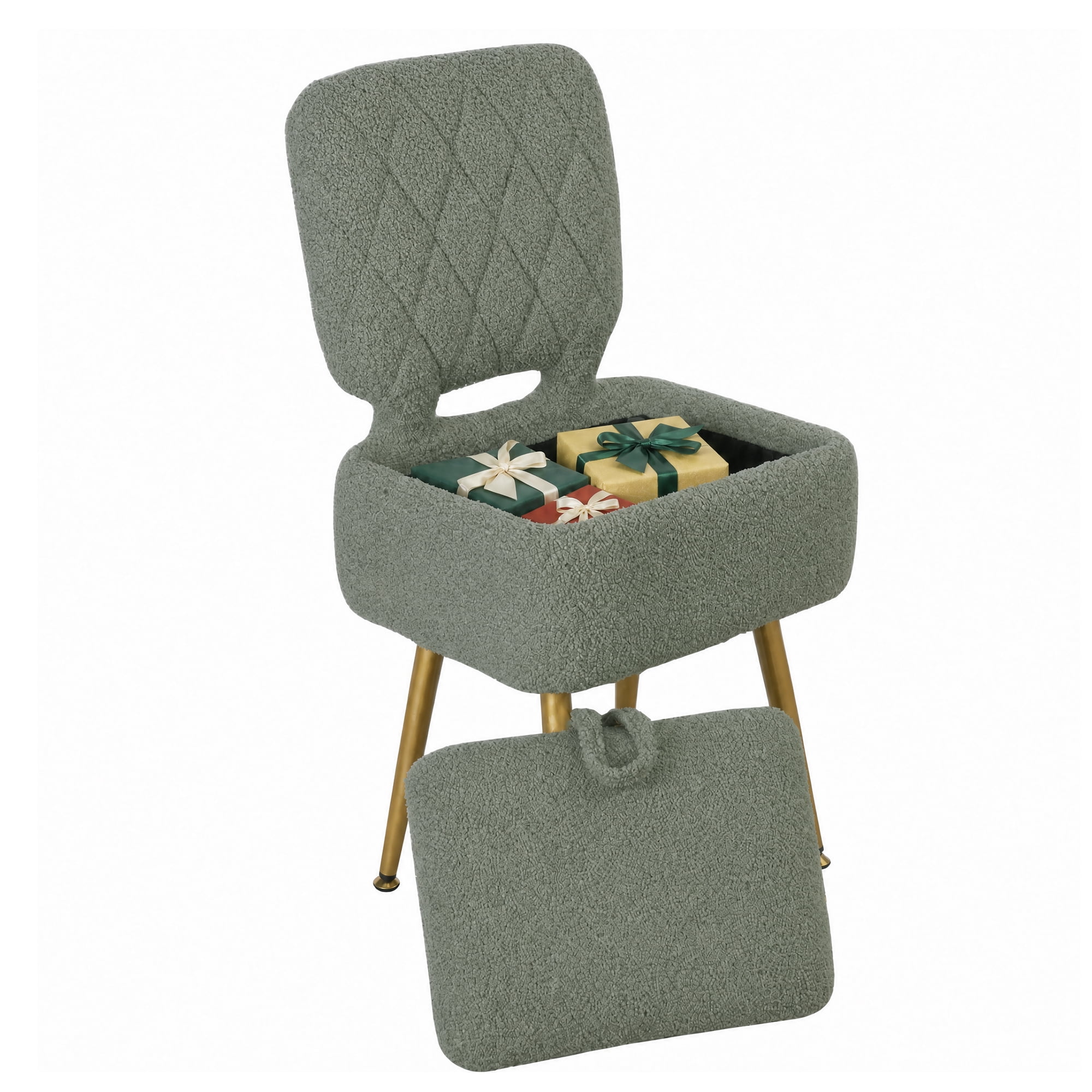 Sherpa Upholstered Vanity Chair Stool with Storage, Makeup Dressing ...