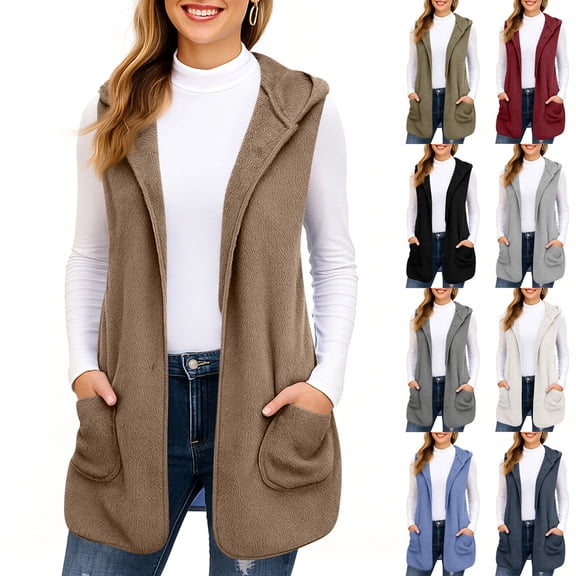 Sherpa Vest Womens Open Front Sleeveless Hooded Cardigan with Pockets Fall Long Fuzzy Fleece Jackets Outerwear Vests Khaki M