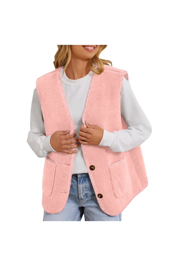 Sherpa Vests for Women Sleeveless Fleece Jacket Button Down V-Neck Loose Fit Cropped Jackets