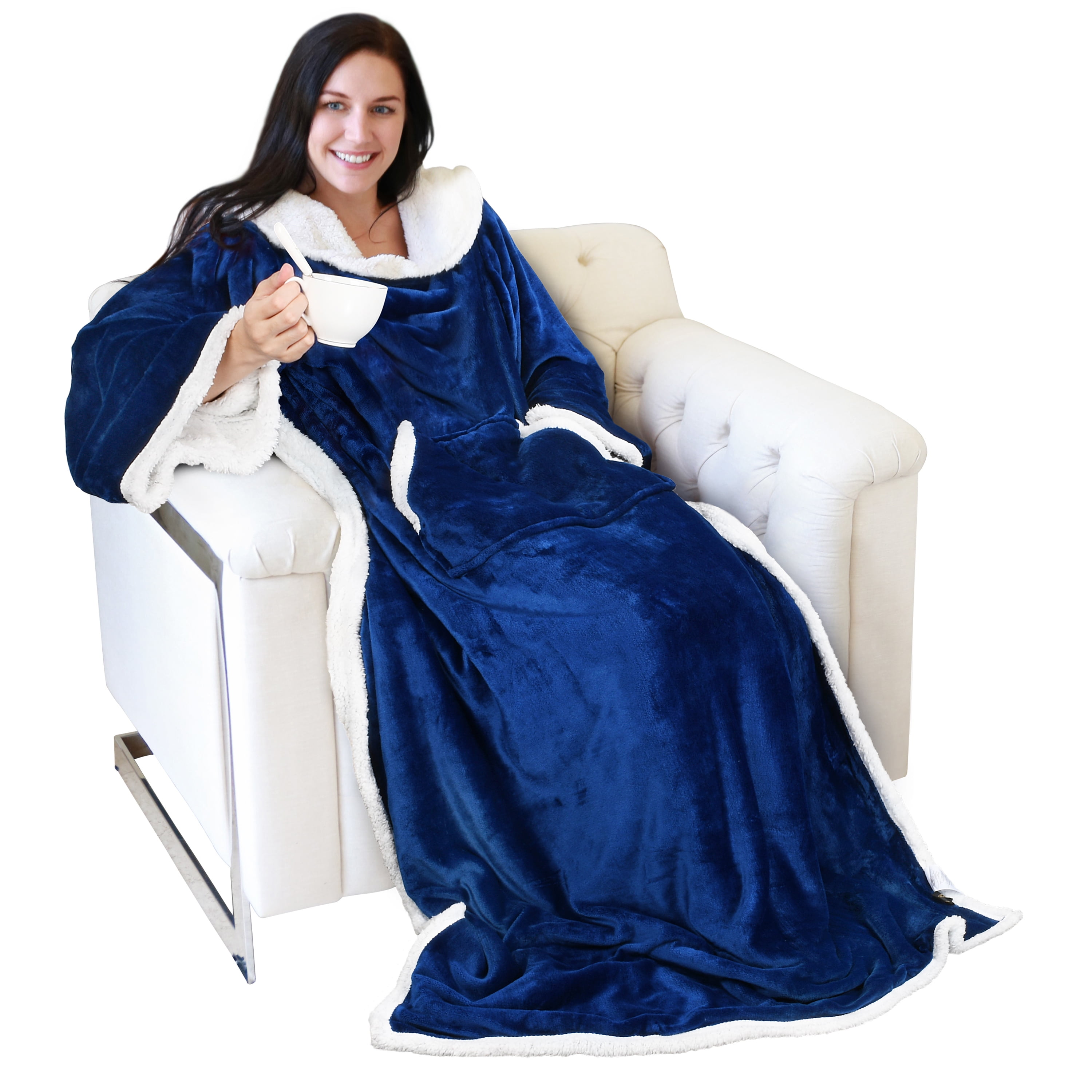 Sherpa Wearable Blanket with Sleeves Arms, Super Soft Warm Comfy Large Fleece Plush Sleeved TV Throws Wrap Robe Blanket for Adult Women and Men by Catalonia, Blue, 72"" x 55”.